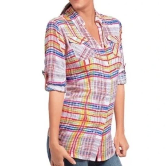 CAbi Abstract Multicolor Plaid Button Down Shirt Style #797 size XL - Picture 1 of 8